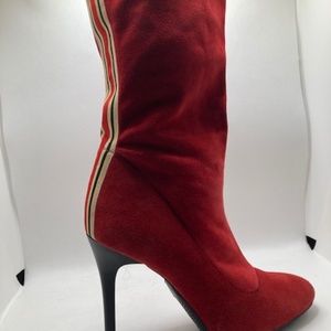 Steve Madden red high knees boots with black and white stripes